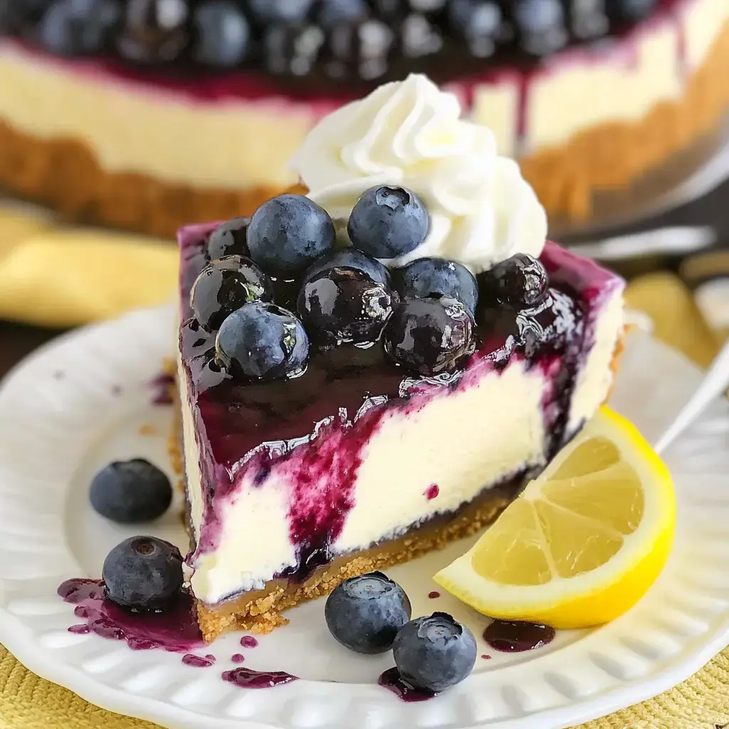 A creamy slice of lemon and blueberry cake with fresh toppings, whipped cream, and a lemon wedge on a white plate.