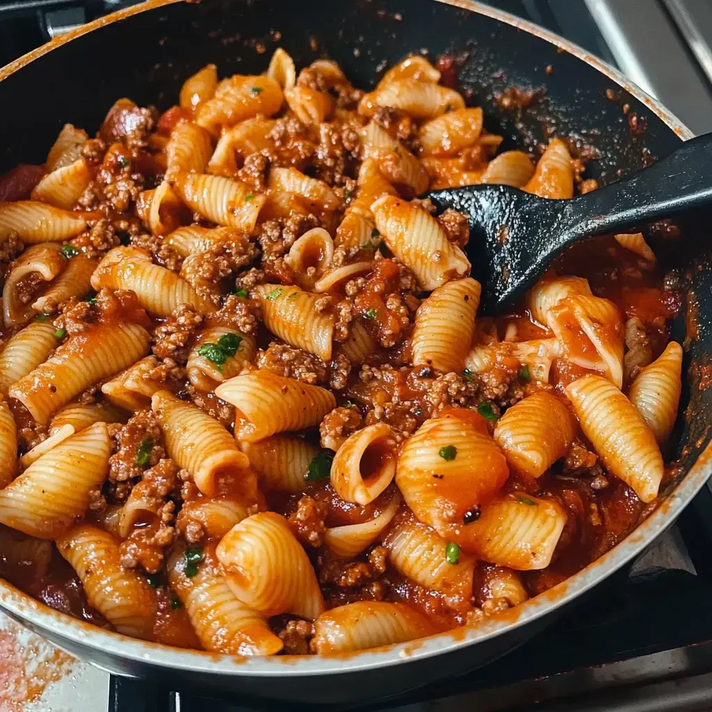 Close-up of pasta shells coated in a meaty tomato sauce garnished with fresh herbs in a skillet.