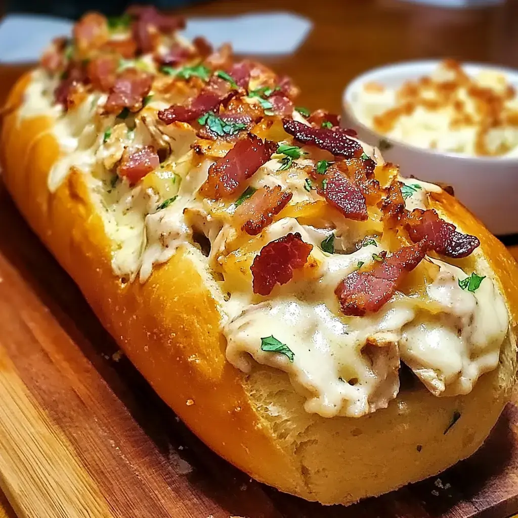 A crusty loaf packed with creamy ranch filling, bacon, and cheese, displayed with a small bowl of mac and cheese.