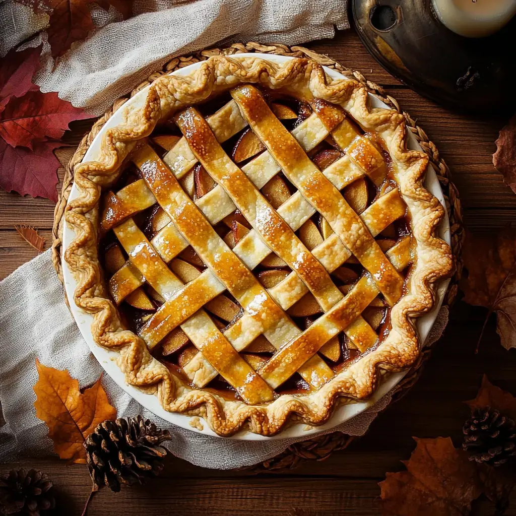 Golden lattice apple pie on a rustic wooden table surrounded by autumn decor like leaves and pinecones.