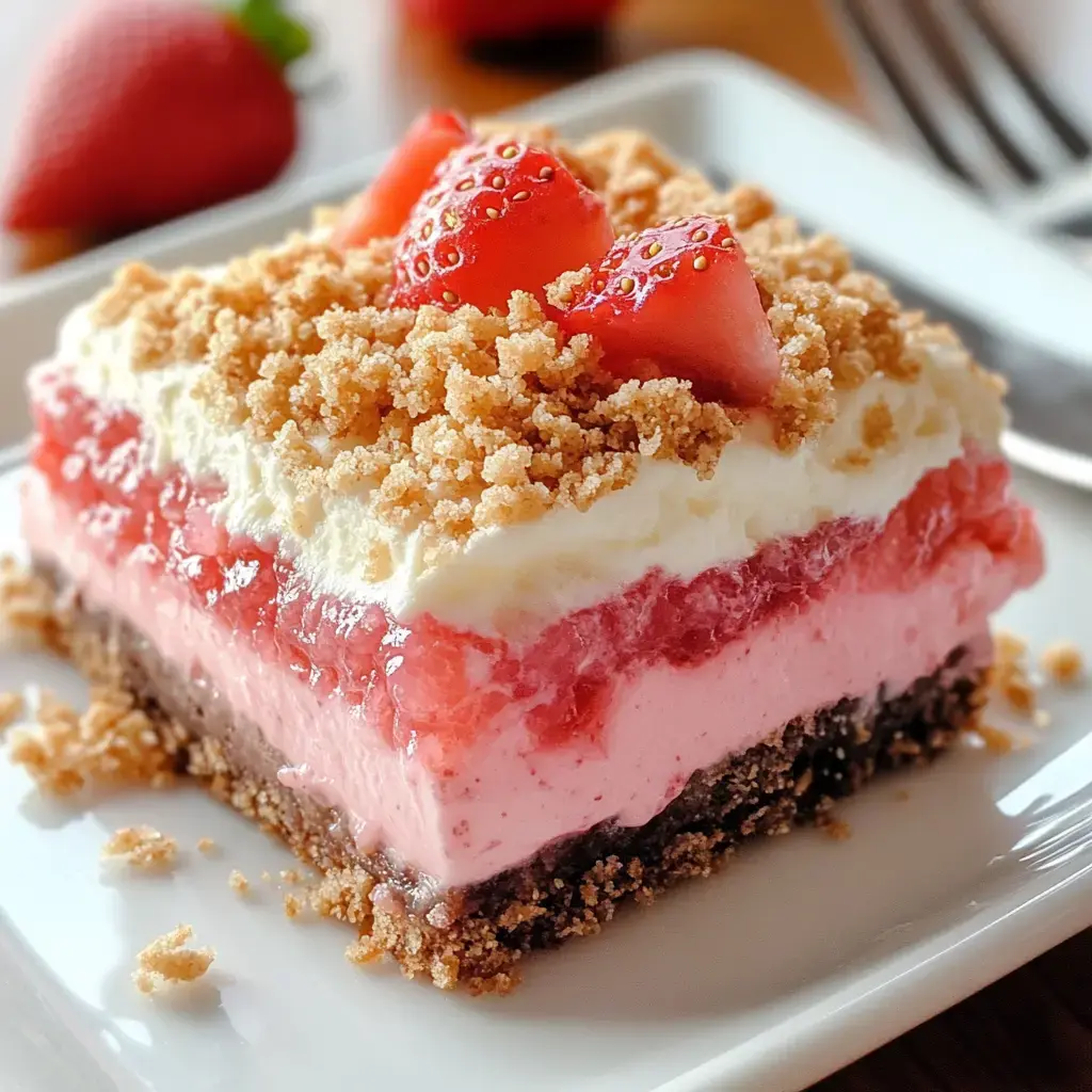 Layers of dessert with brown base, pink middle, whipped topping, strawberries, and crunchy crumbs.