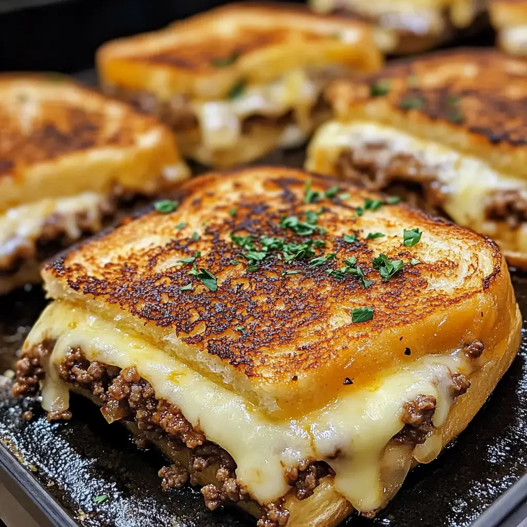 Close-up of grilled sandwiches stuffed with gooey cheese, beef, and a parsley garnish.