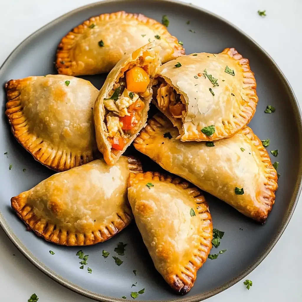 Crispy, golden empanadas on a plate. One is sliced open to reveal spiced chicken and veggies inside. Garnished with parsley.