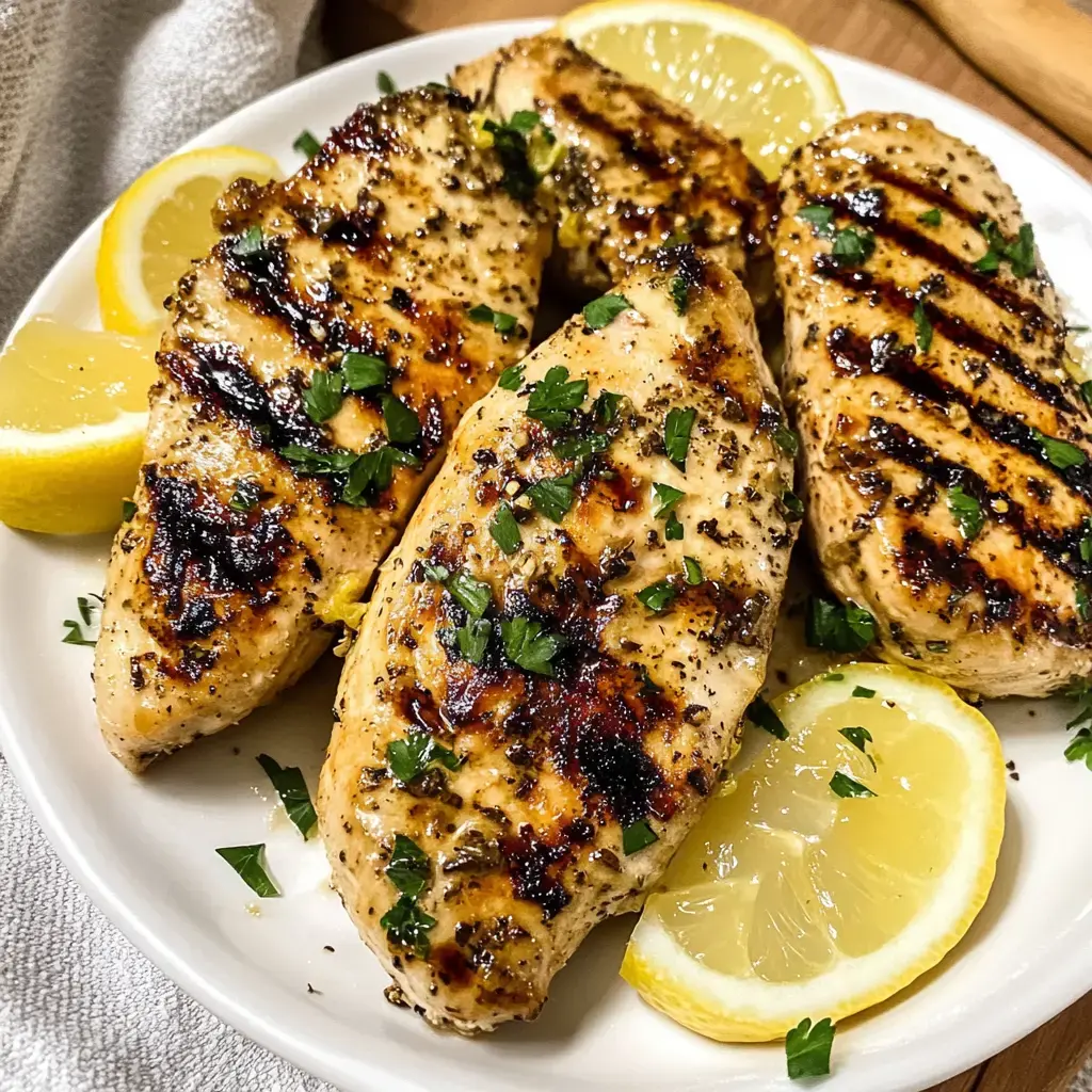 Juicy grilled chicken with parsley and lemon wedges.