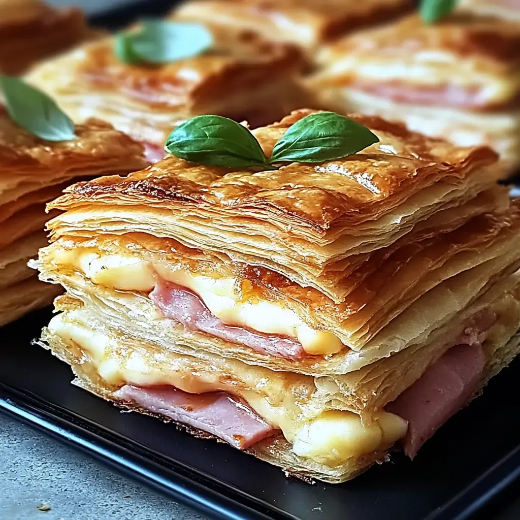 Layered flaky pastry packed with ham and cheese, topped with a tiny basil leaf.