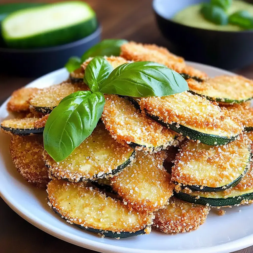 Crunchy, golden zucchini slices garnished with fresh basil and served with cucumber slices and a dipping sauce in the background.