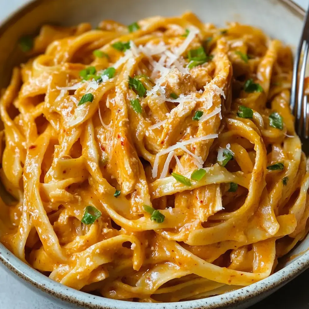 Close-up of creamy fettuccine pasta with shredded chicken, green onions, and parmesan shavings in a bowl.