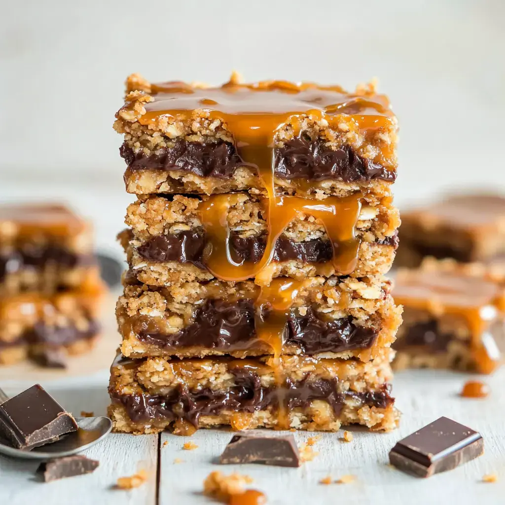 Stacked caramel-filled oat bars with gooey chocolate on a rustic wooden surface with chocolate bits on the side.