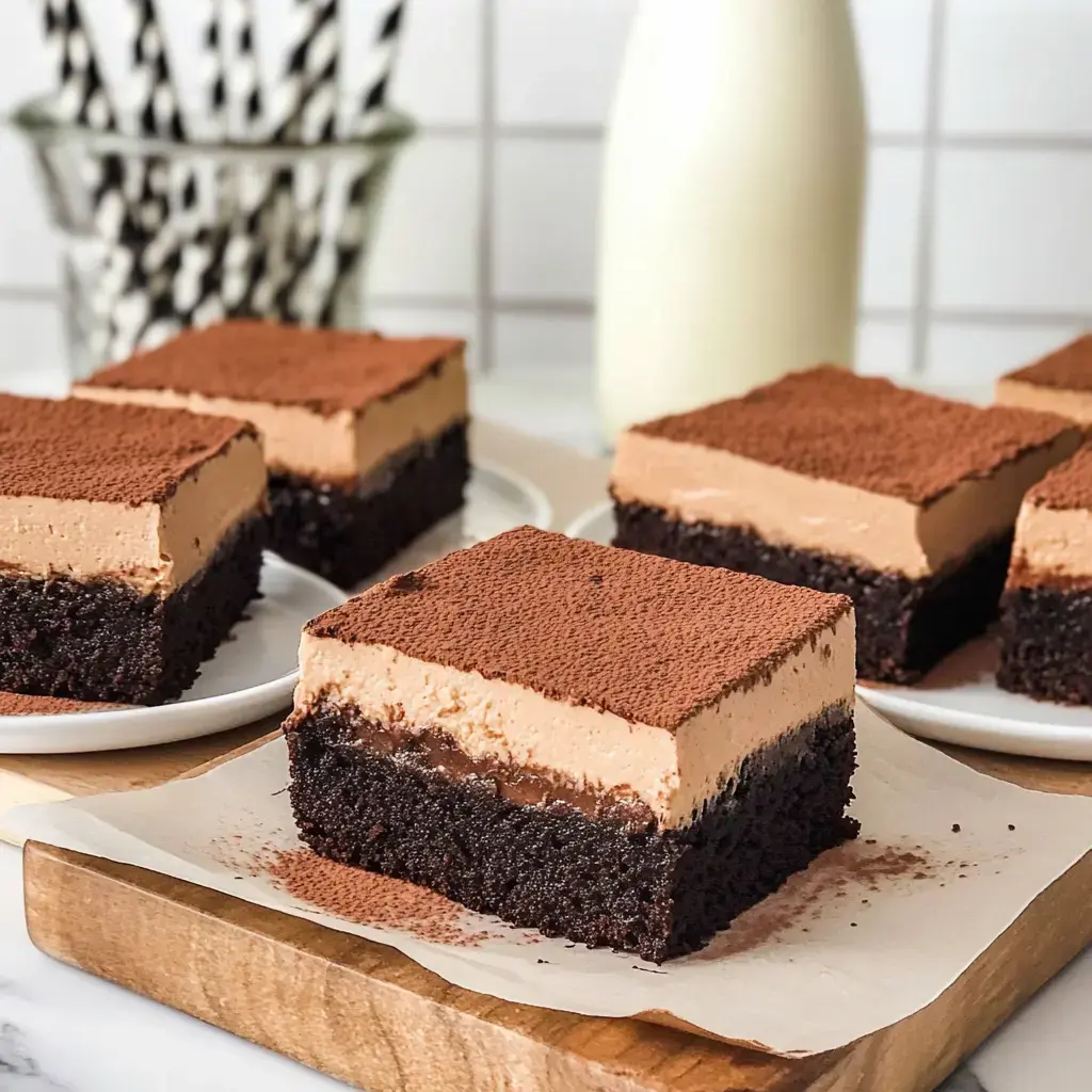 Chocolate squares with a creamy mousse layer on top, cocoa powder dusted over, sitting on a wooden board with white dishware.