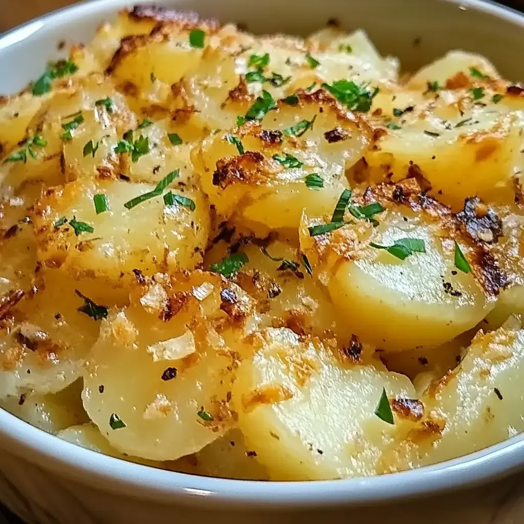 A cozy dish of rich, golden slow-cooked potatoes sprinkled with fresh green herbs for brightness.