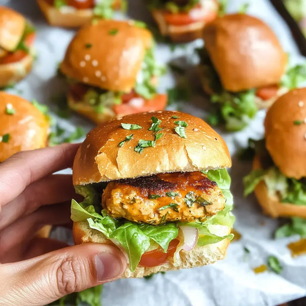 A hand holding a slider packed with lettuce, tomato, and chicken, with more sliders in the background.
