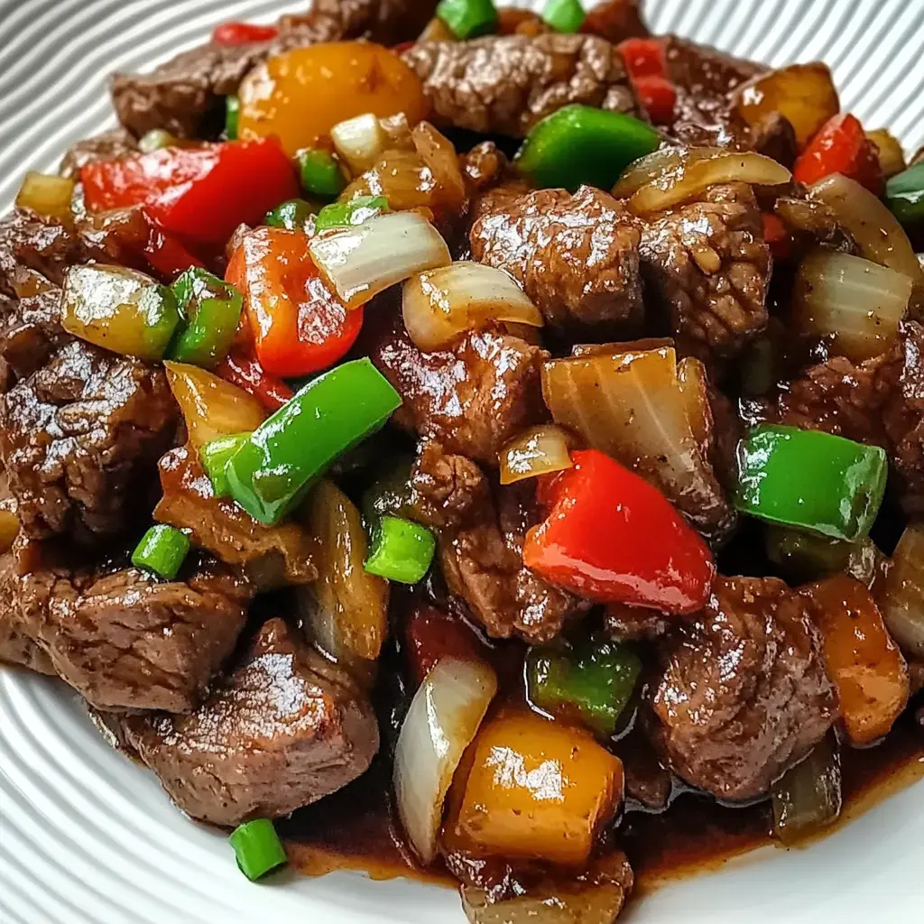 Stir-fried beef and bright bell peppers tossed with onions and green onions in a glossy sauce.