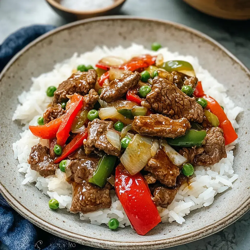Cooked chicken liver with peppers and onions served over rice.