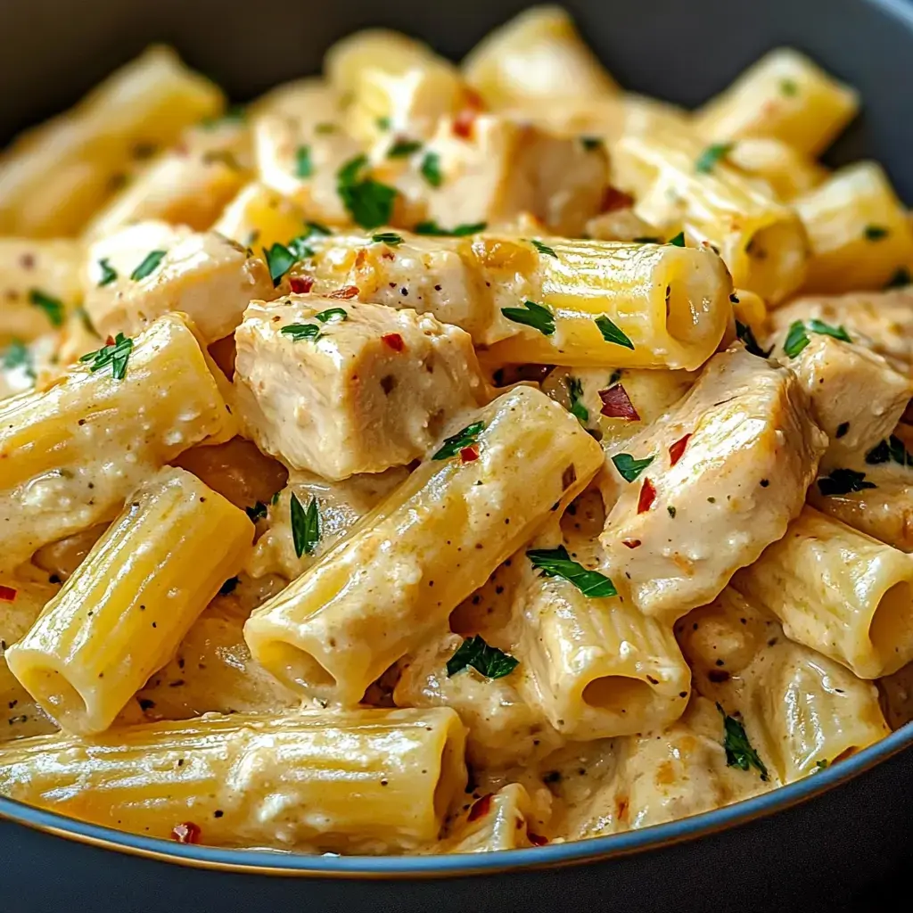 A rich pasta with chicken chunks, parsley, and a touch of red pepper flakes.
