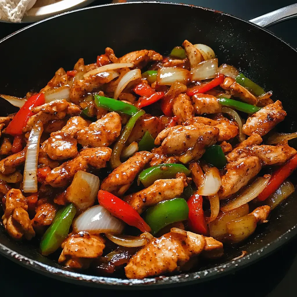 Sizzling pieces of chicken with vibrant bell peppers and onions coated in glossy sauce in a pan.