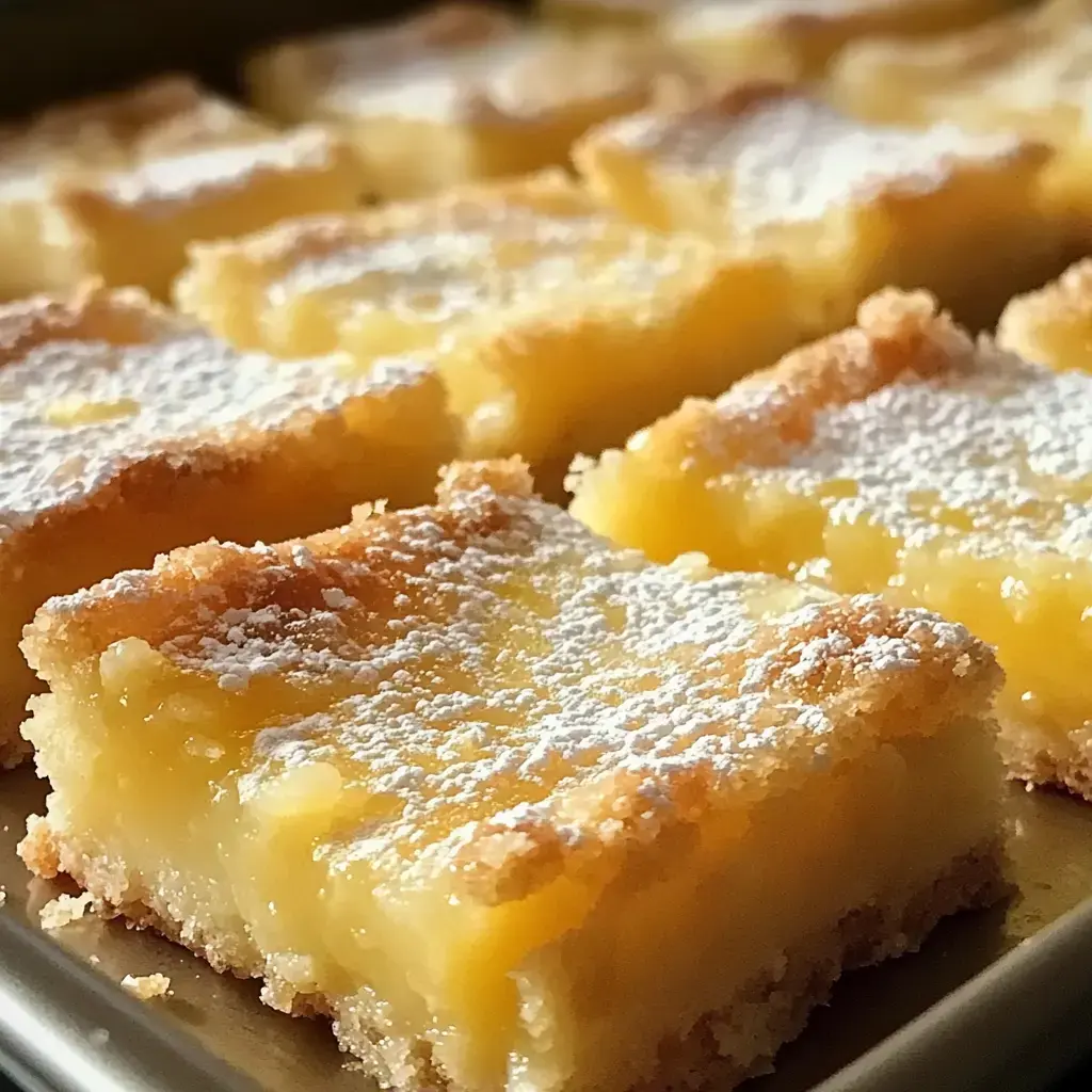 Freshly baked lemon-like bars sprinkled with sugar in a rectangular dish.