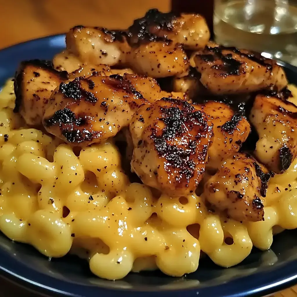 A serving of macaroni and cheese topped with seasoned honey-glazed chicken bits.