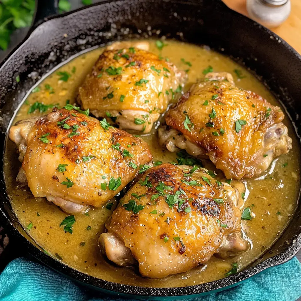 A skillet holding crispy fried chicken thighs in a rich, creamy sauce, topped with fresh parsley for garnish.