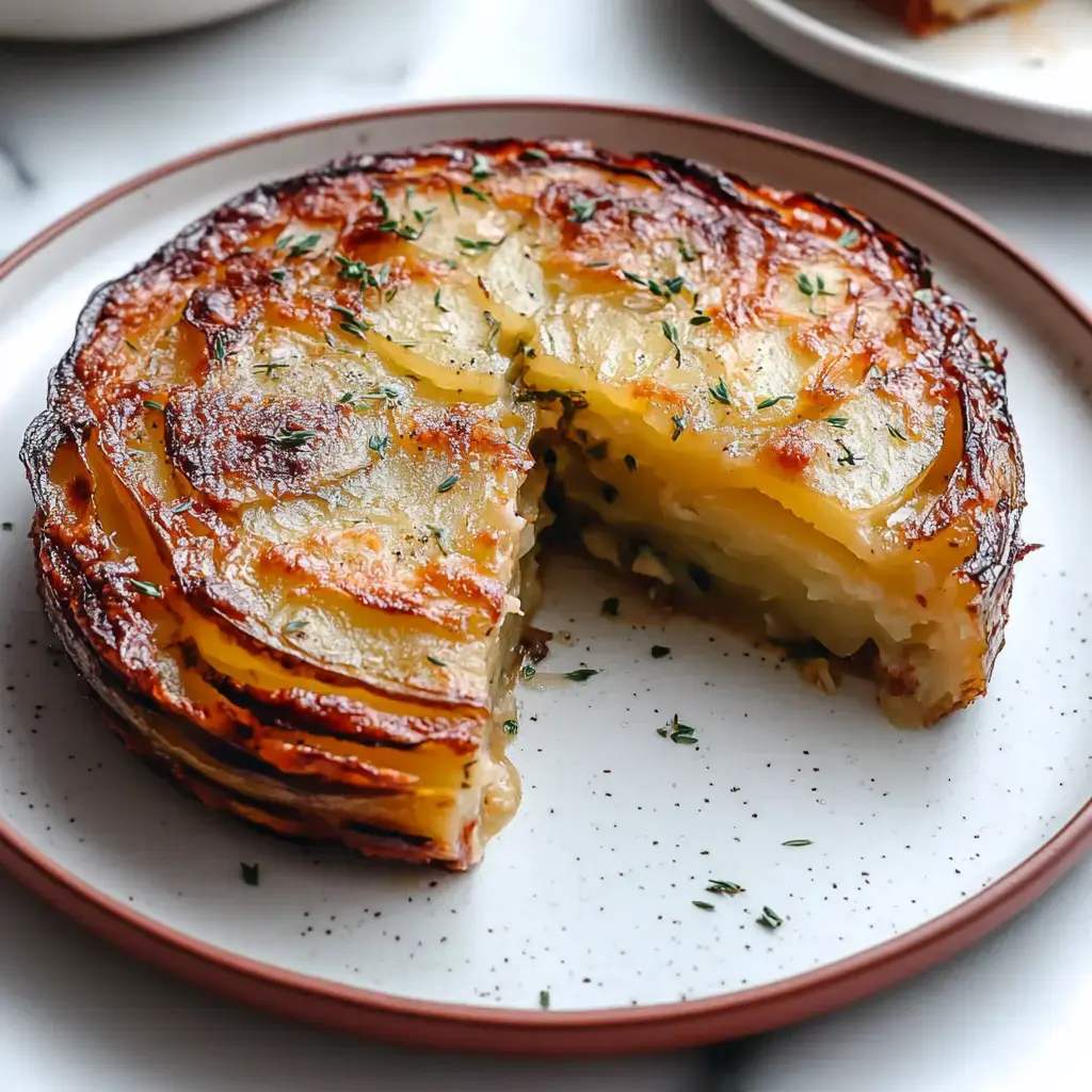 A round, golden potato dish with herbs as garnish, served on a plate with a piece missing.