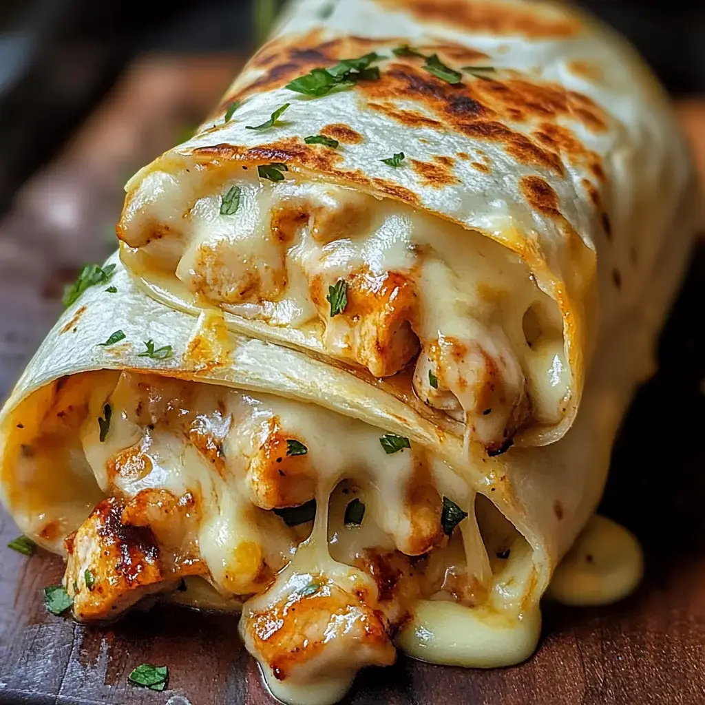 Two grilled chicken wraps with gooey cheese, garnished with parsley.