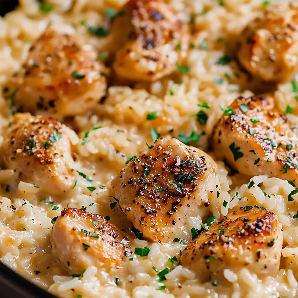 A mouthwatering close-up of golden chicken sitting on creamy rice, scattered with fresh parsley bits.