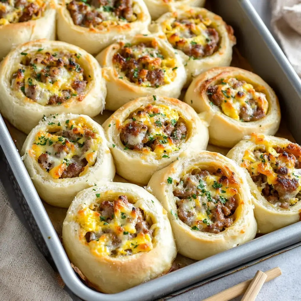 A tray of golden rolls stuffed with sausage, topped with melted cheese and herbs.