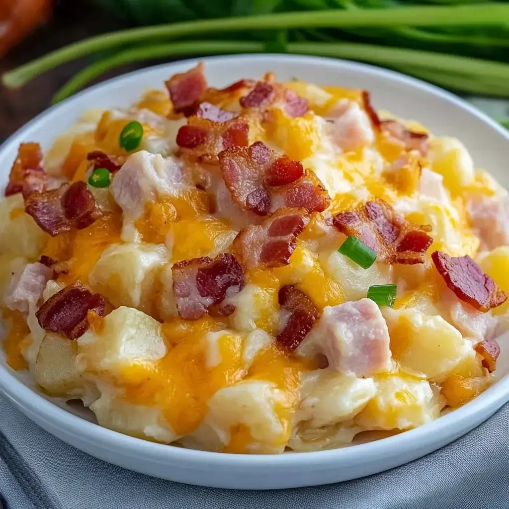 A serving bowl brimming with creamy potato casserole topped with cheddar cheese, bacon pieces, and sliced green onions.