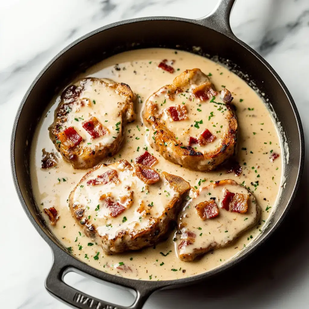 A skillet showing pork chops in a creamy bacon sauce, topped with crumbled bacon and chopped parsley.