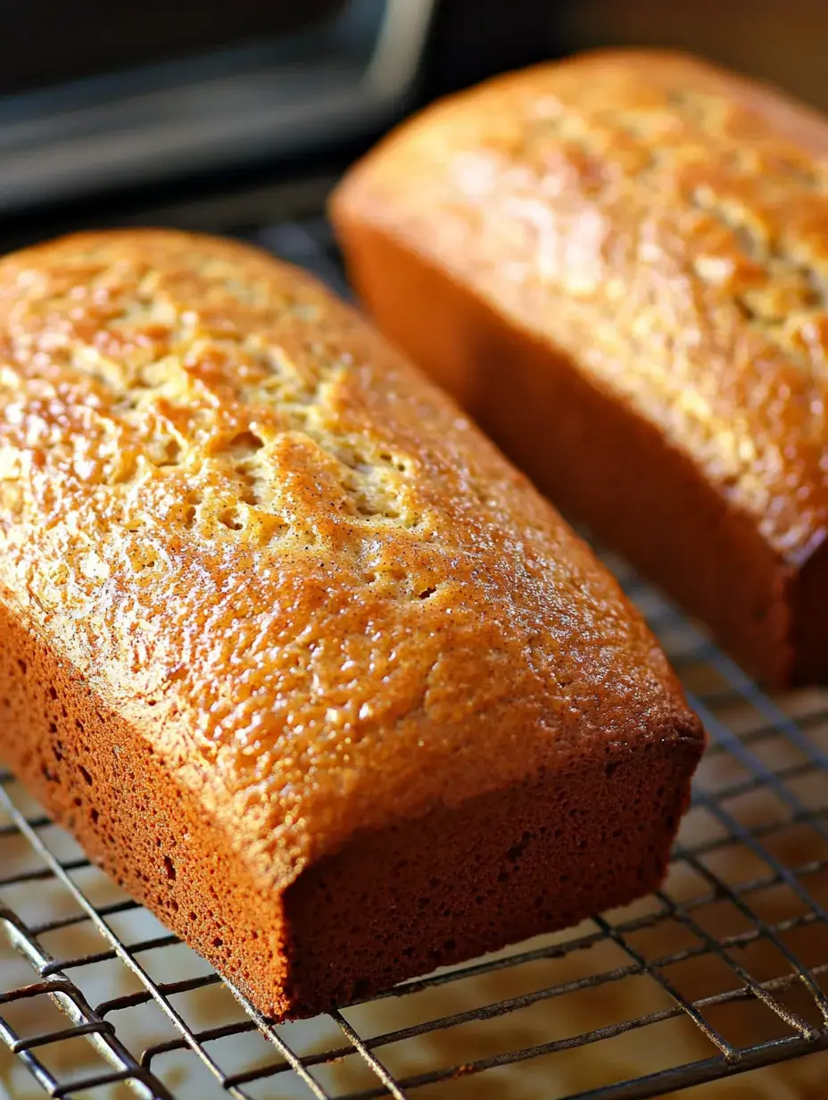Two freshly made brown bread loaves sitting on a cooling rack.