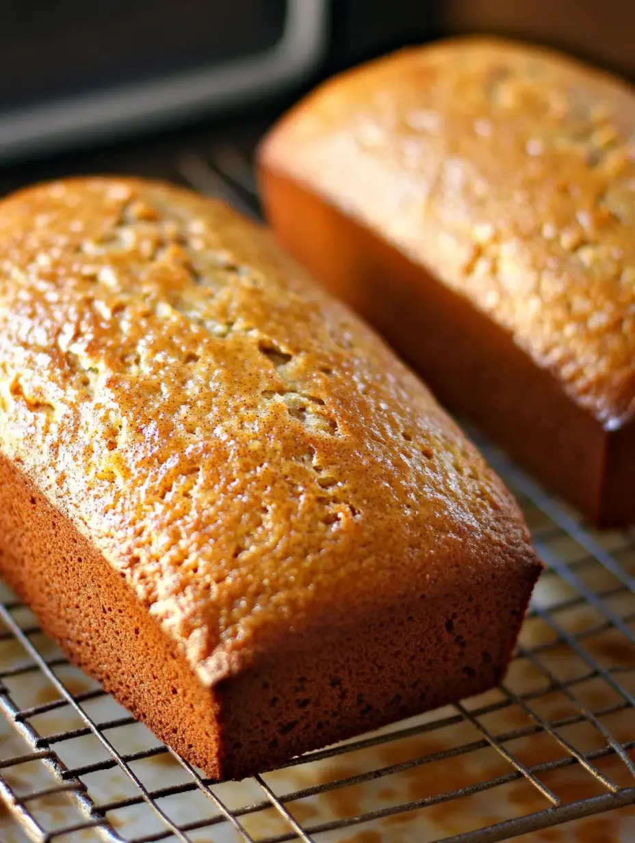 Two warm loaves of brown bread resting on a wire cooling rack.
