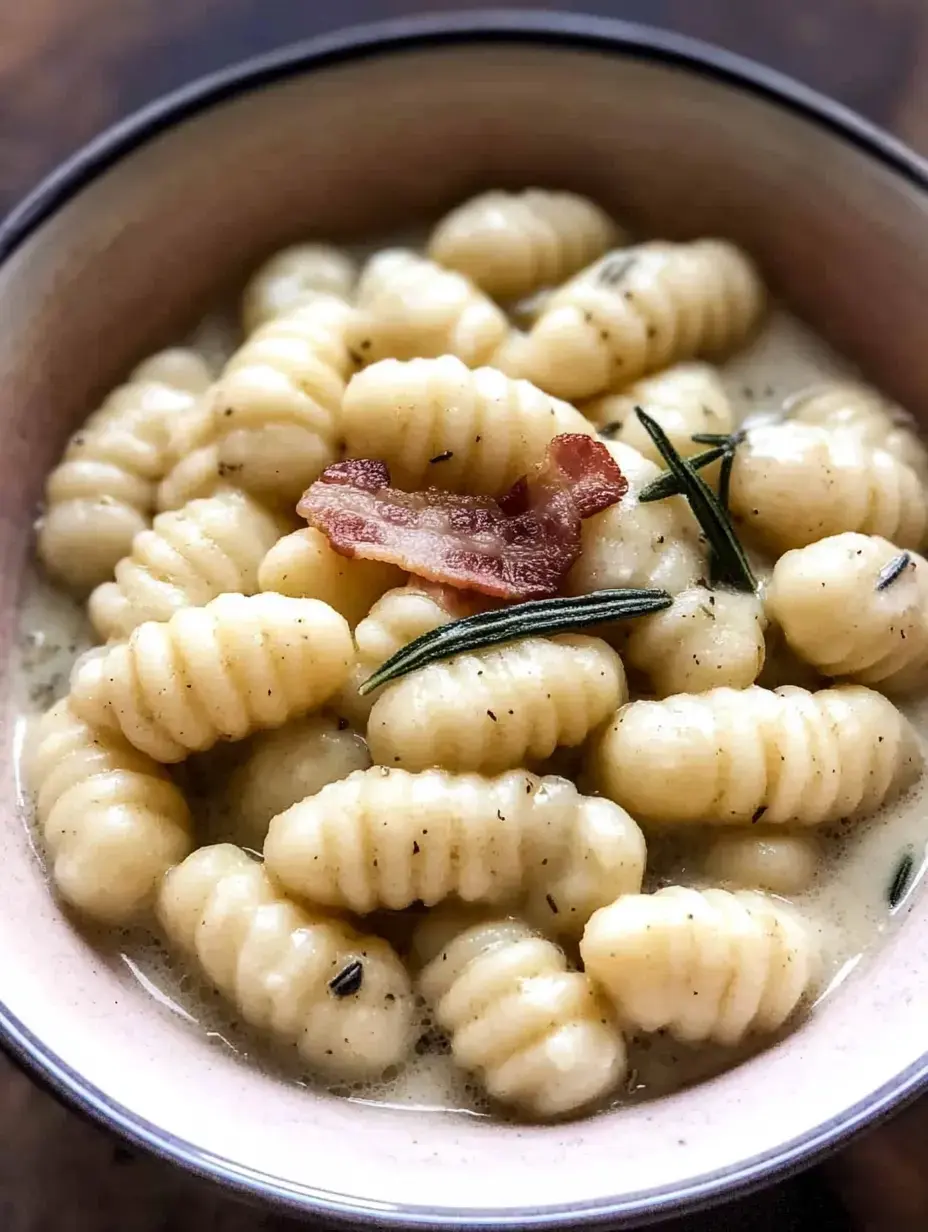 A bowl of velvety gnocchi soup garnished with a crispy bacon strip and fresh rosemary sprigs.