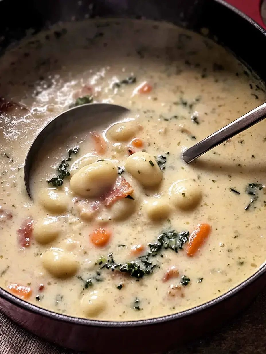 Looking down into a creamy pot of soup filled with gnocchi, chopped carrots, and fresh greens with a soup ladle dipped in.