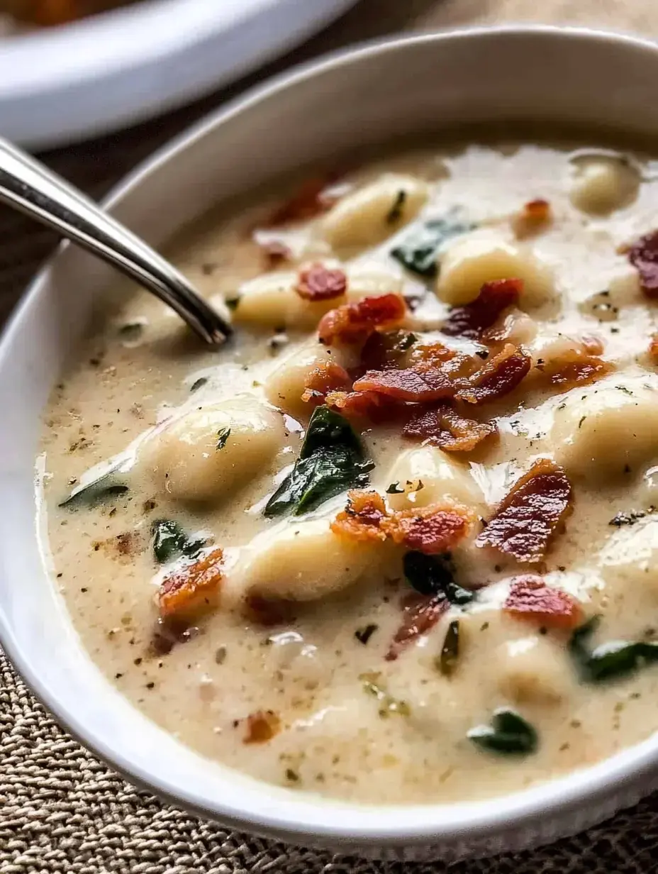 A white bowl holding creamy soup with potato dumplings, green spinach leaves and crunchy bacon pieces visible on top.
