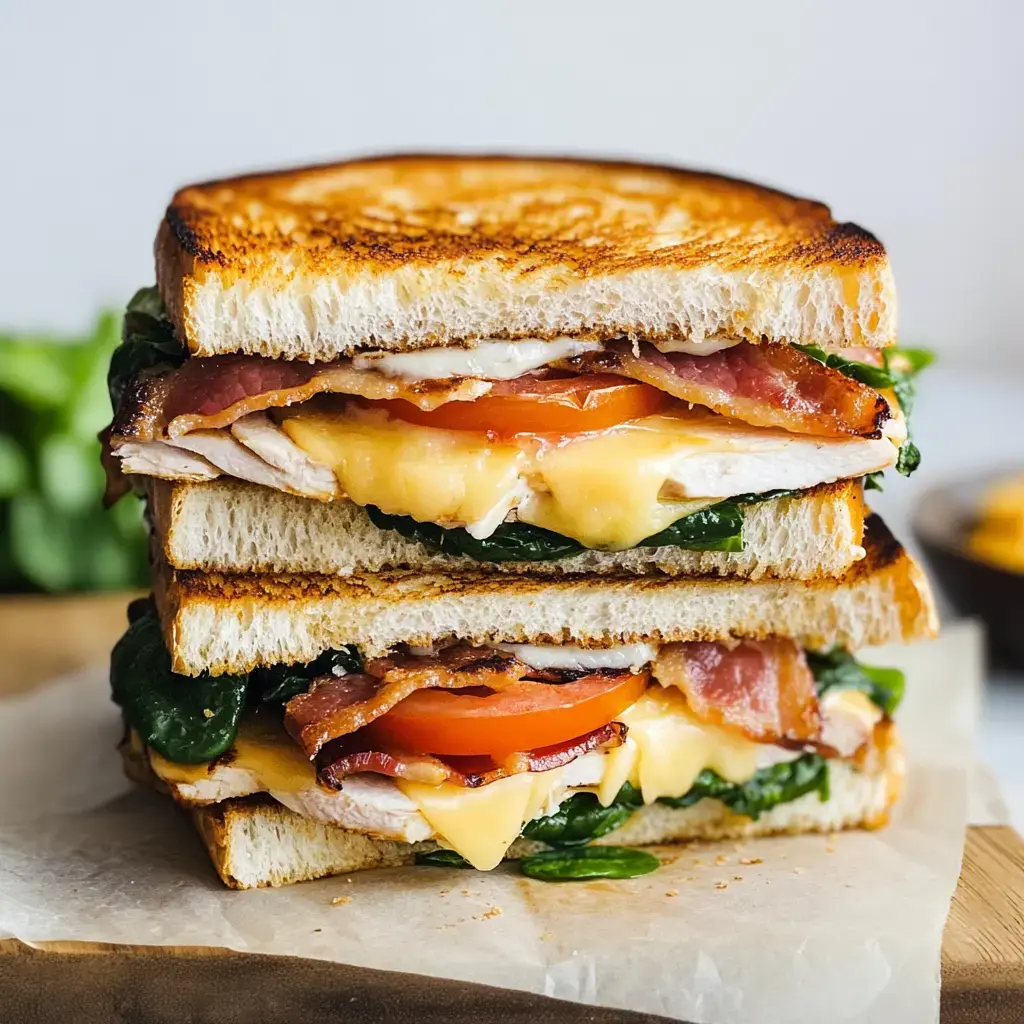 A tall sandwich on toasted bread filled with layers of bacon, chicken, melted cheese, fresh spinach, and sliced tomato.