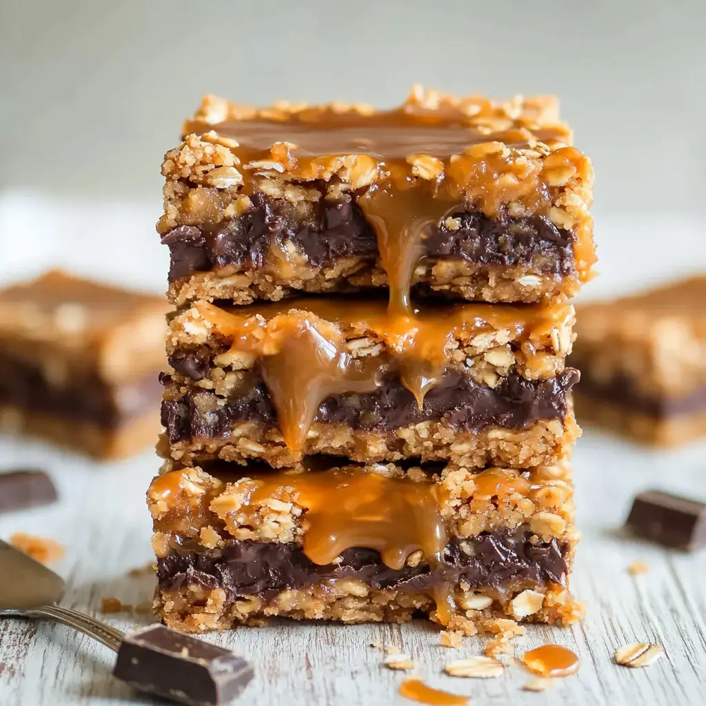 Four stacked treats showing layers of oats, chocolate, and flowing caramel sauce.