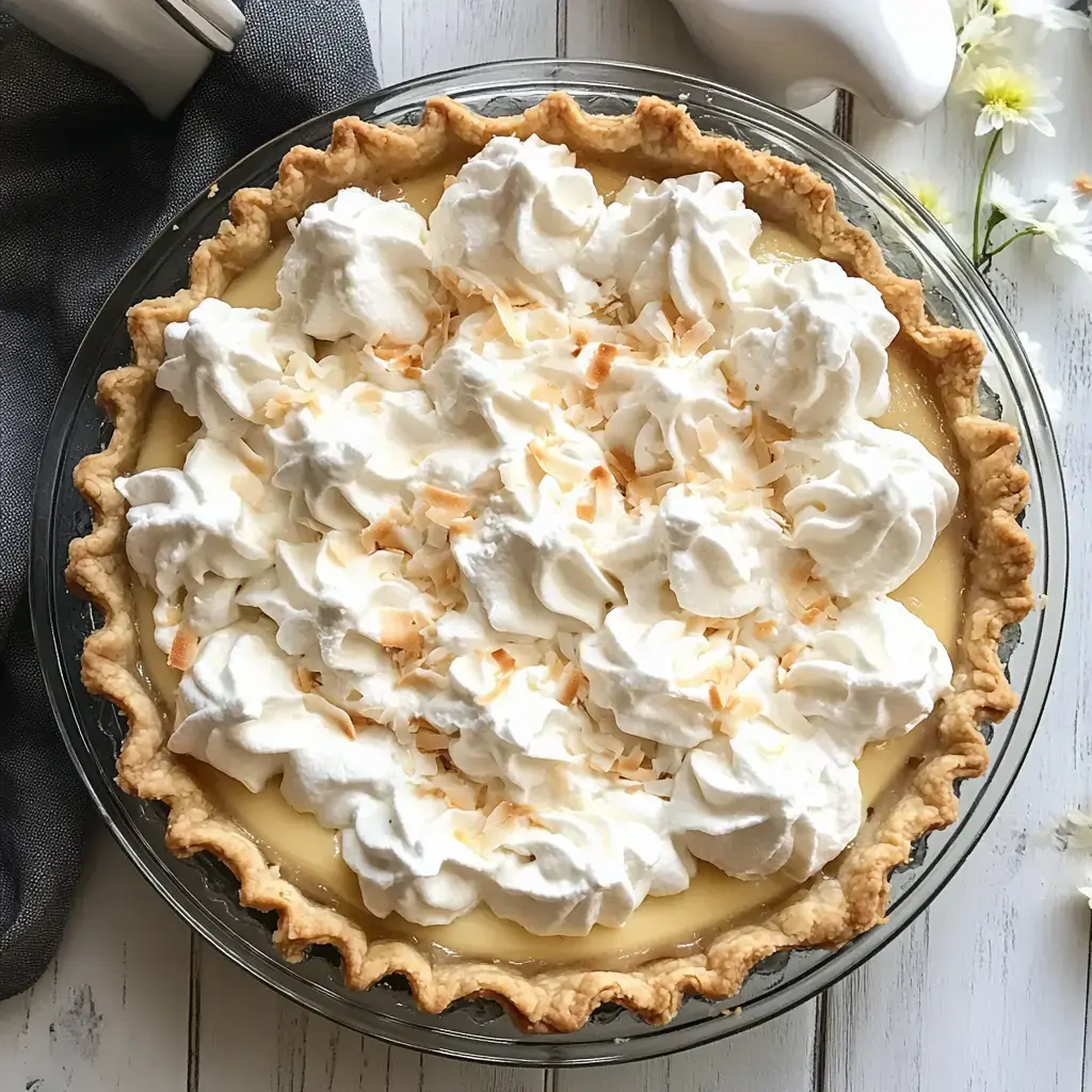 A luscious coconut cream pie with fluffy whipped cream and crunchy toasted coconut in a clear glass dish.