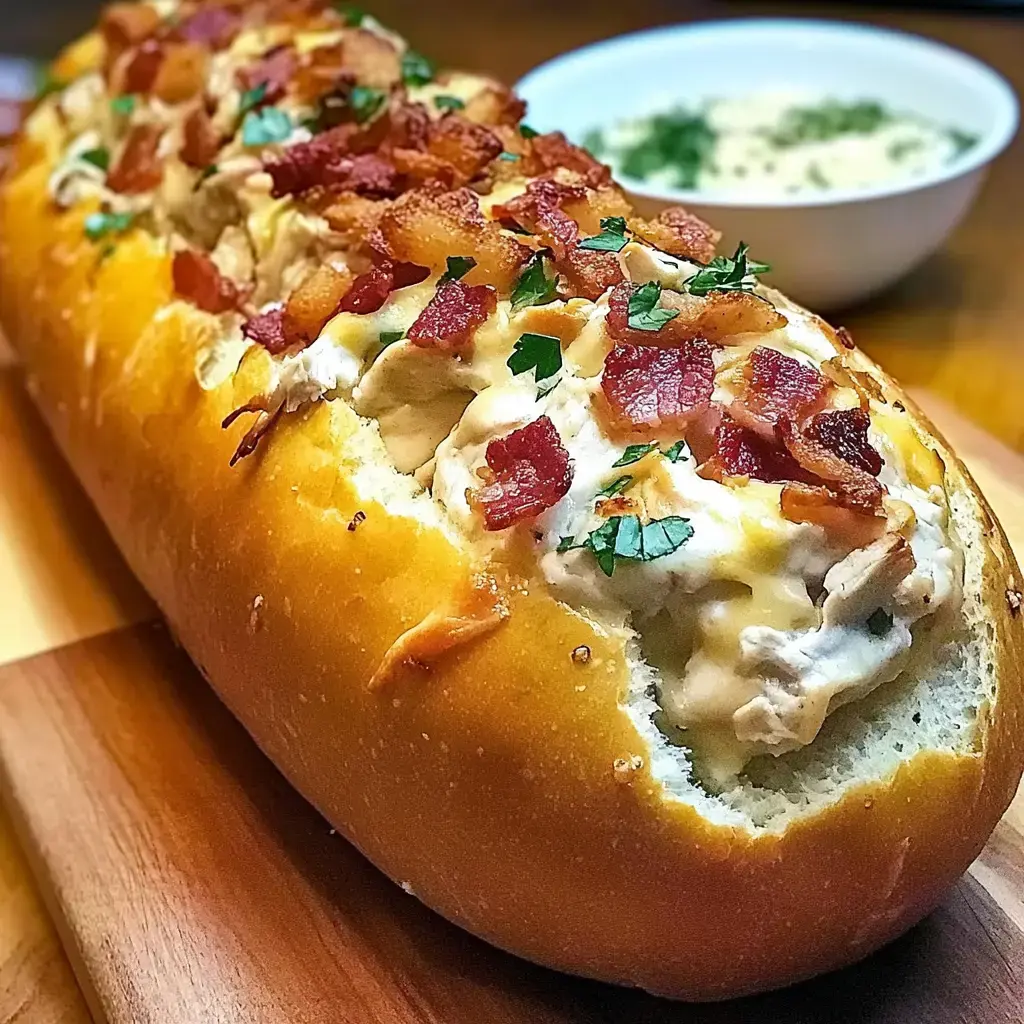 A stuffed loaf filled with creamy chicken mixture and garnished with crispy bacon pieces and fresh cilantro, next to a steaming soup bowl.