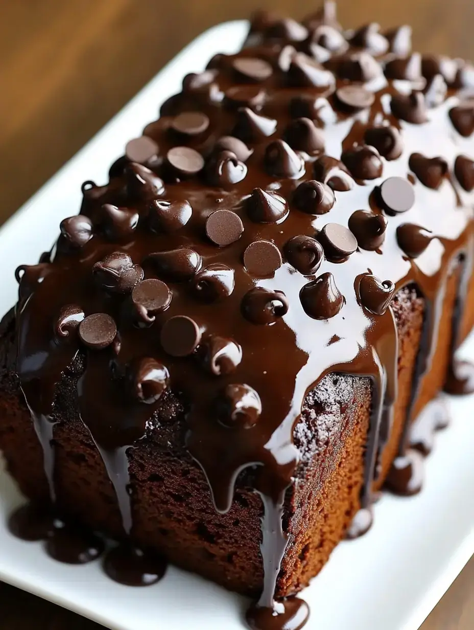 A juicy chocolate bread with thick chocolate glaze on top and scattered chocolate chips throughout.