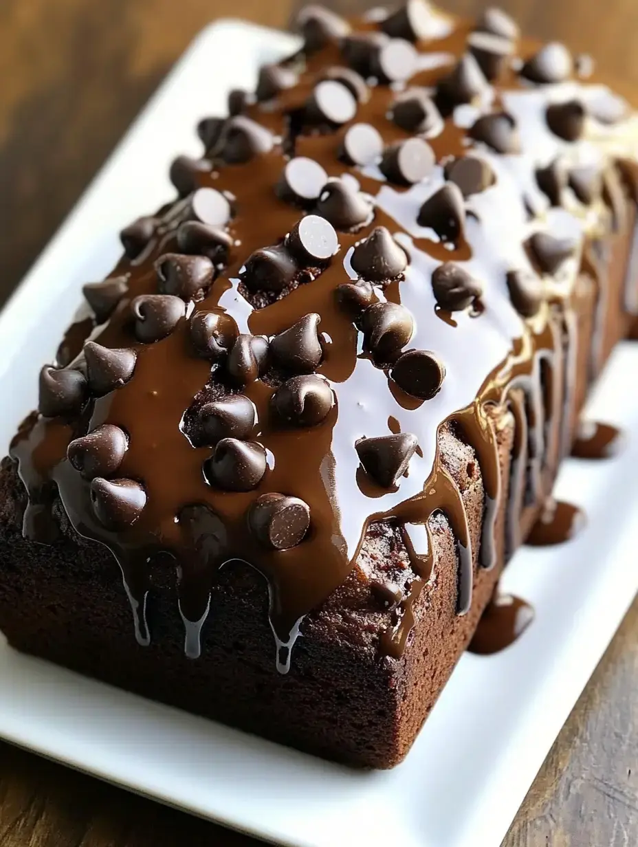 A dark chocolate bread with melty chocolate topping and sprinkled chocolate bits across the surface.