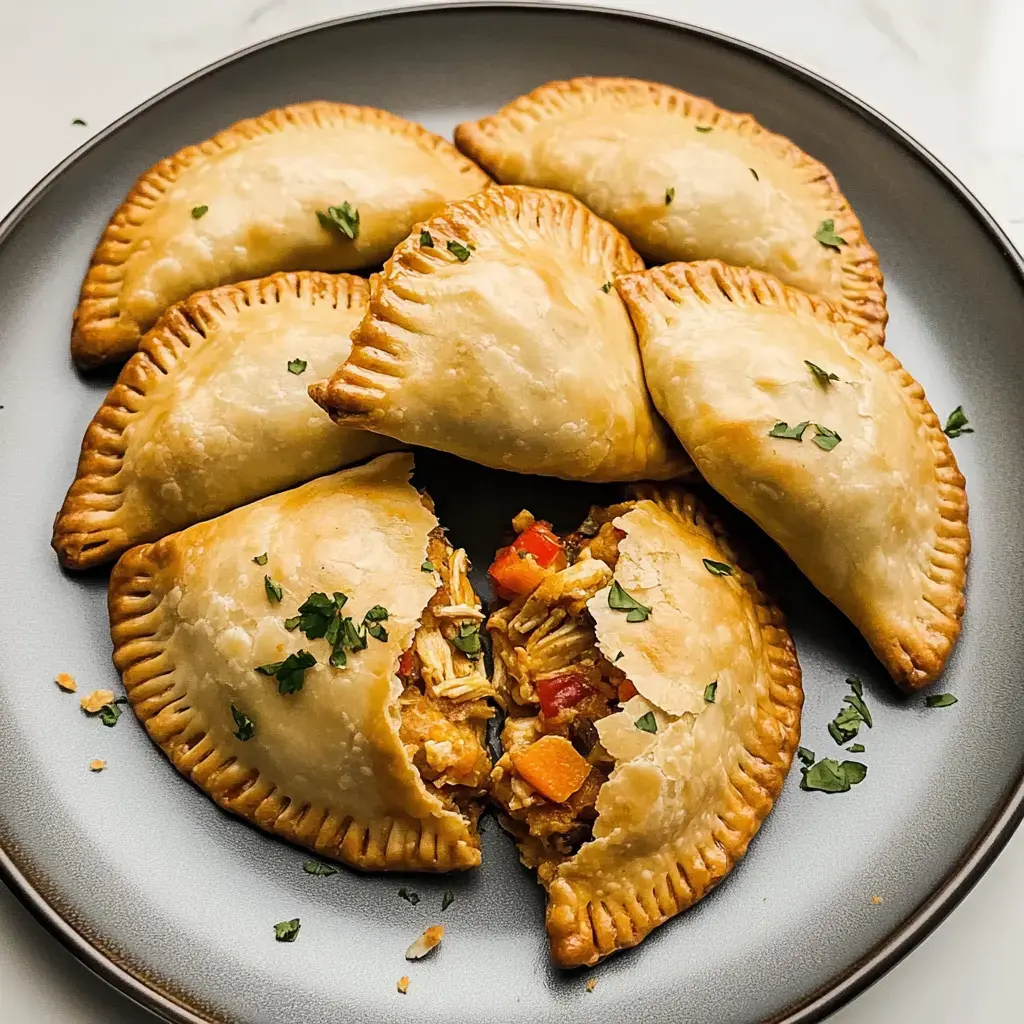 Golden-brown empanadas arranged on a plate with one cut open showing its savory filling of chicken, herbs, and colorful vegetables.