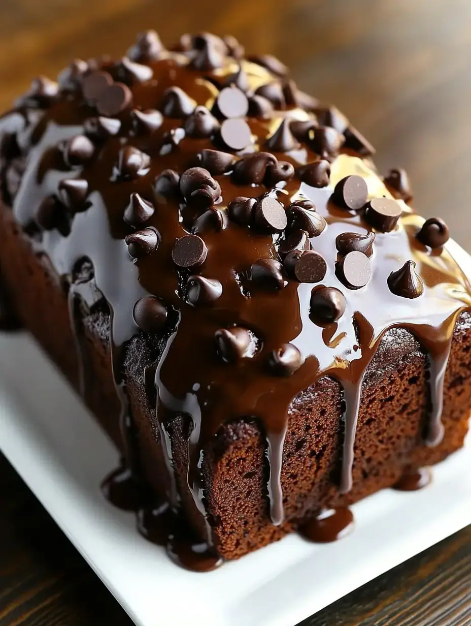 A rich chocolate loaf with shiny chocolate drizzle and scattered chocolate chips on top.