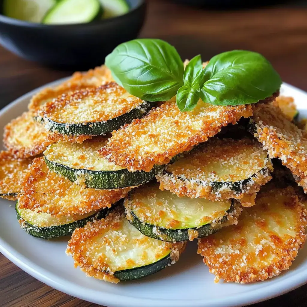 Golden-brown zucchini pieces sit on a plate with fresh basil garnish on top.