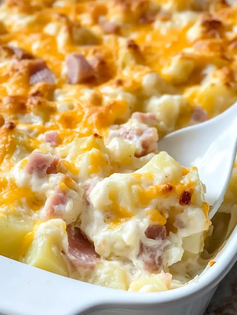 A cheesy potato dish with hunks of ham covered in melted cheese.