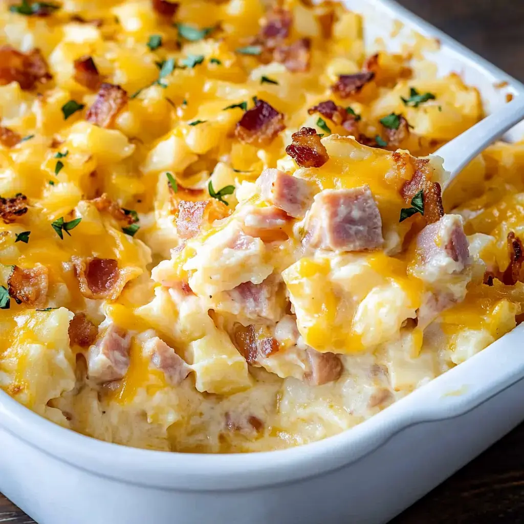 A warm potato dish featuring diced potatoes, ham chunks, melty cheese and bacon bits, garnished with fresh herbs.