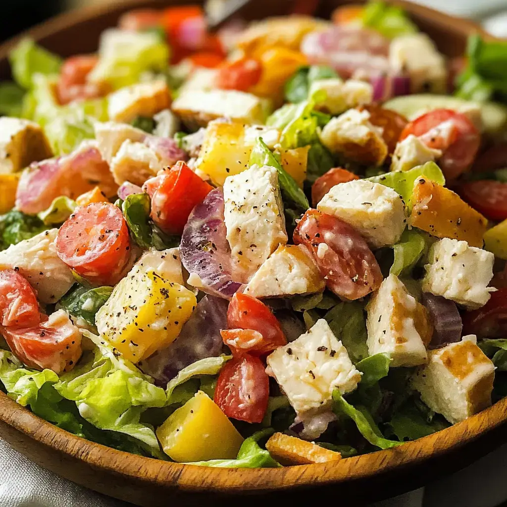 Vivid chopped salad in a wooden bowl bursting with colorful veggies, shredded chicken, bell pepper chunks, and pineapple pieces.