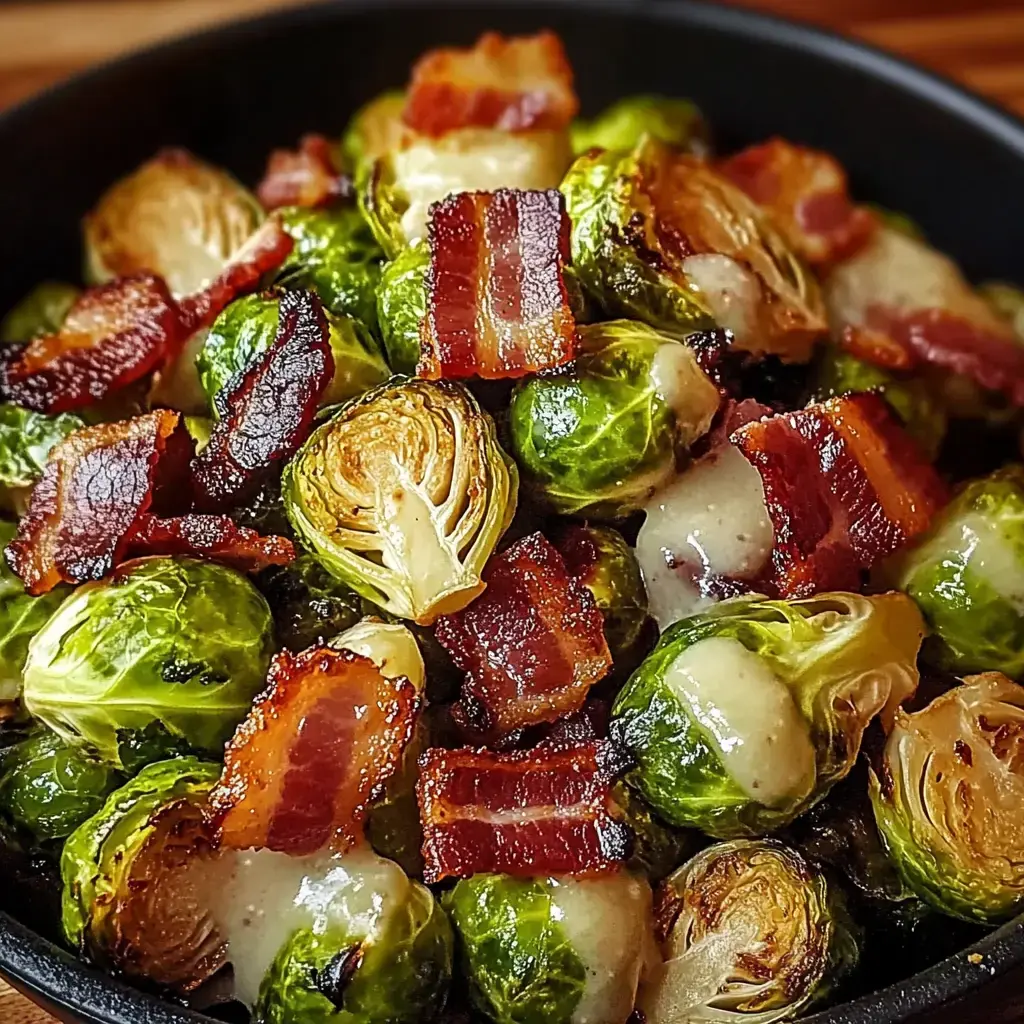 A close-up of caramelized Brussels sprouts and crisp bacon in a bowl.