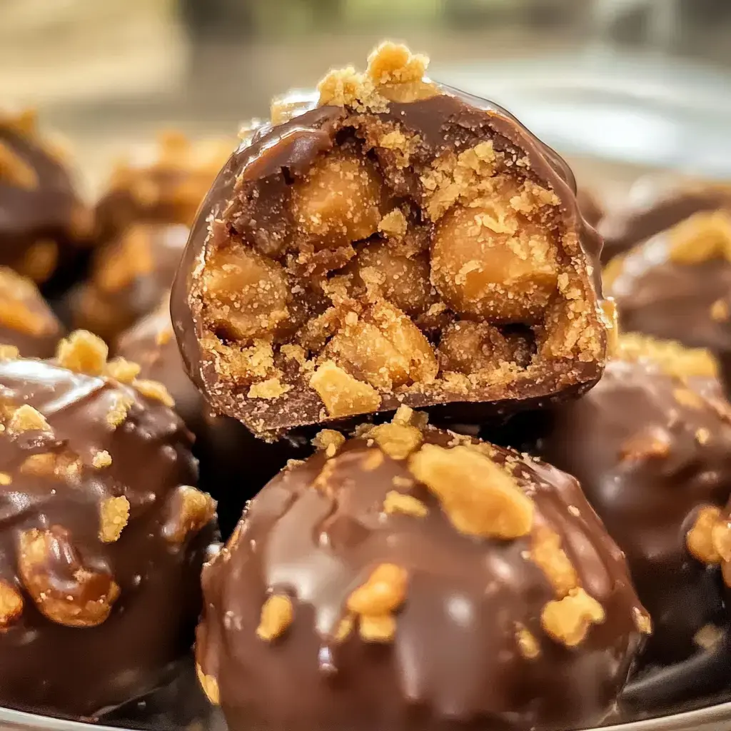 Close-up of peanut butter bites coated in chocolate, one sliced to show a crumbly, peanut-filled center topped with cookie bits.