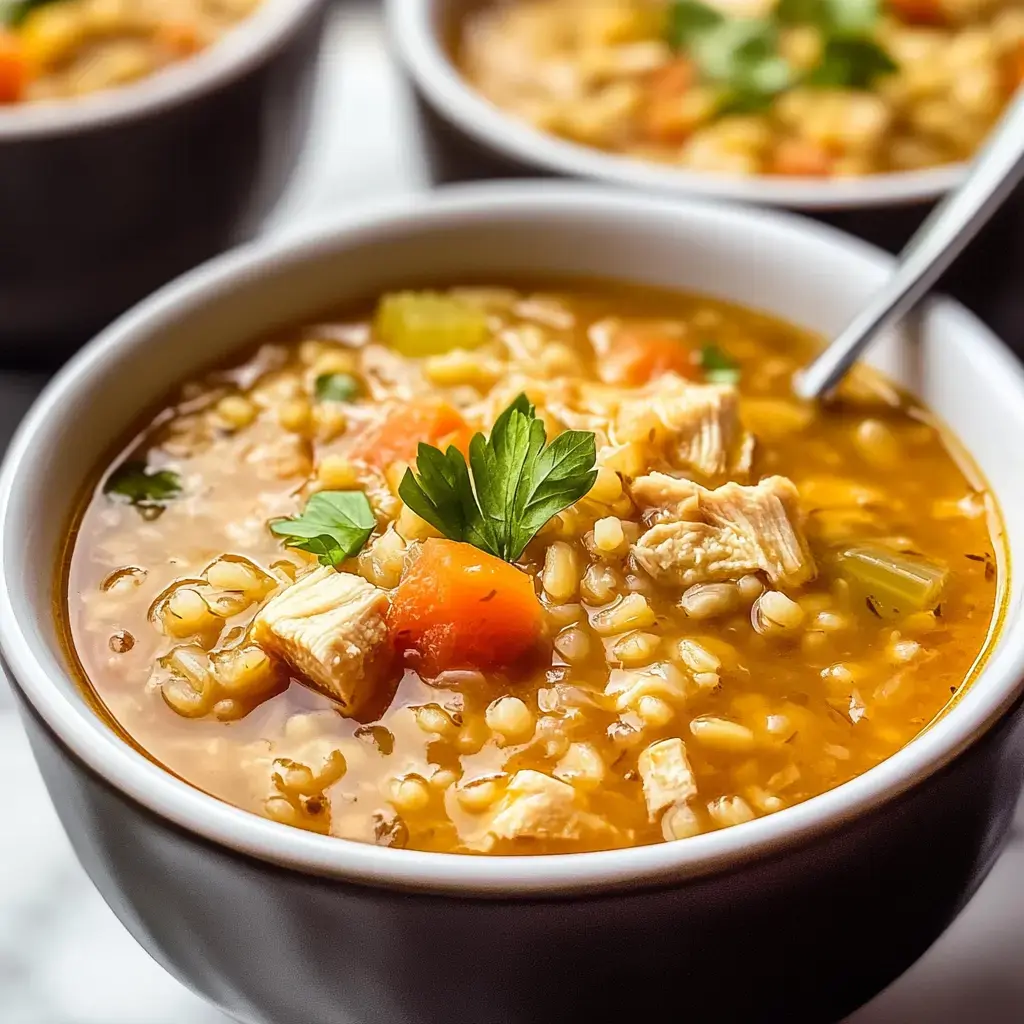 A steaming bowl of chicken barley soup with fresh veggies and parsley topping.