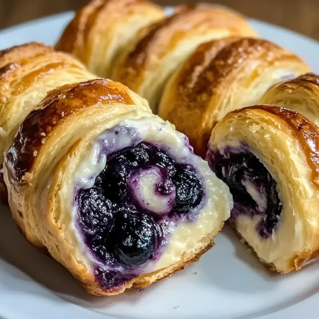 Golden-brown pastry rolls bursting with cream and blueberries, with a sliced roll showing off its soft, creamy inside.