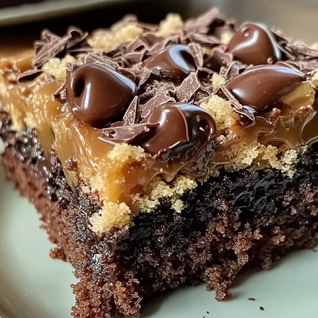 A rich chocolate cake slice featuring gooey caramel, crispy coconut, and pecan frosting with whipped topping layers.